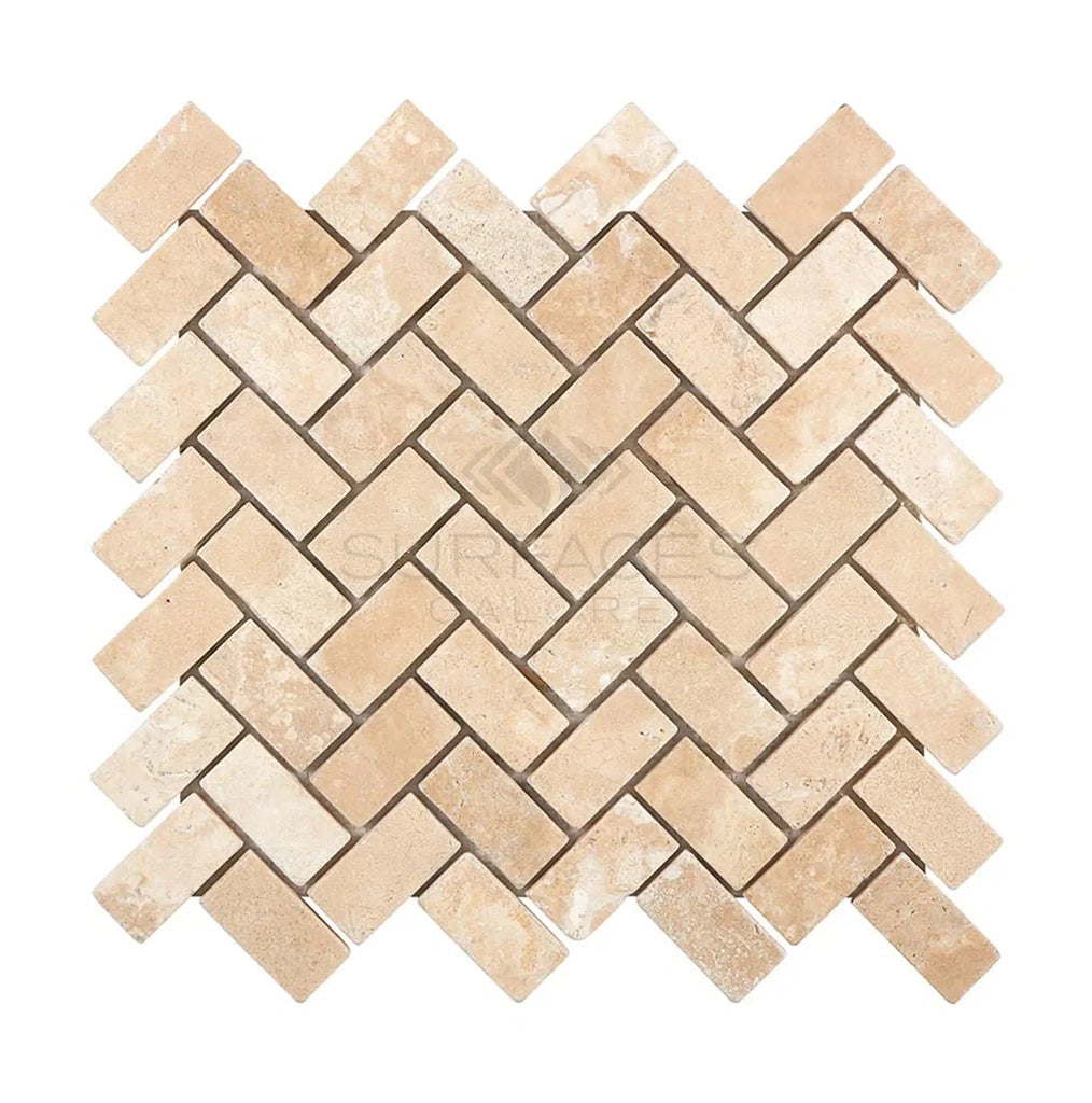 Durango/Paredon (Mexican) 1X2 Herringbone Mosaic Travertine Tumbled - SurfacesGalore