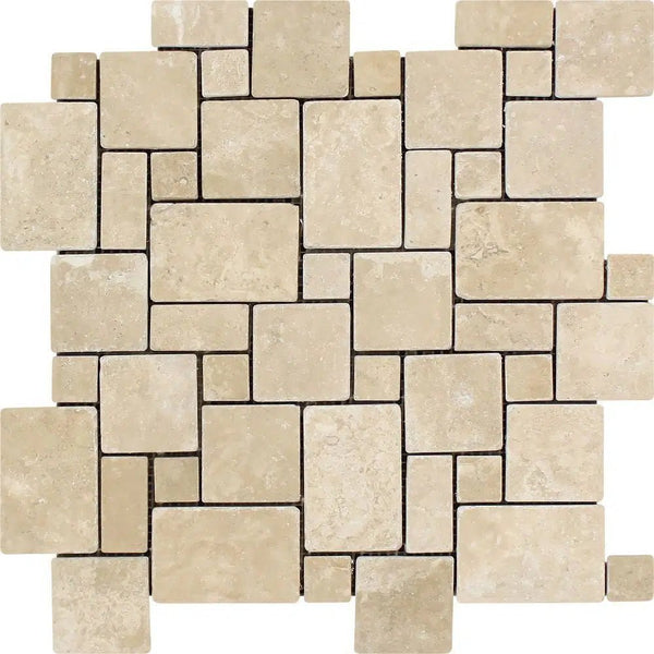 Durango/Paredon (Mexican) Mini - Versailles Mosaic Travertine Tumbled - SurfacesGalore