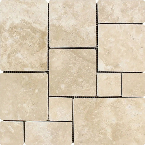 Durango/Paredon (Mexican) OPUS Mini - Pattern Mosaic Travertine Tumbled - SurfacesGalore