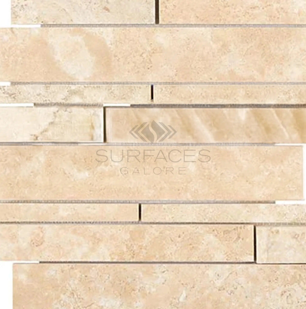 Durango/Paredon (Mexican) Random Strip (Manhattan / Waterfall) Mosaic Travertine Honed - SurfacesGalore