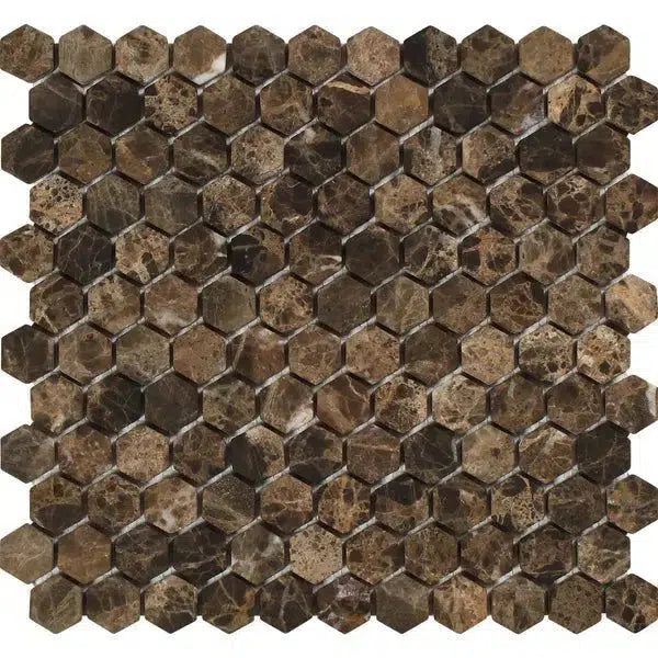 Emperador Dark Marble 1" Hexagon Mosaic Tumbled