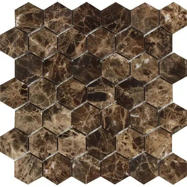 Emperador Dark Marble 2" Hexagon Mosaic Polished