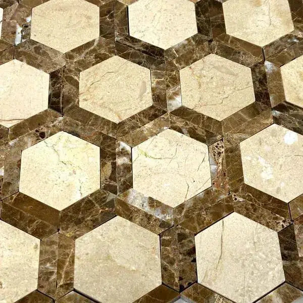 Emperador Dark Marble 2" Vortex Hexagon (w/ Crema Marfil) Mosaic Polished