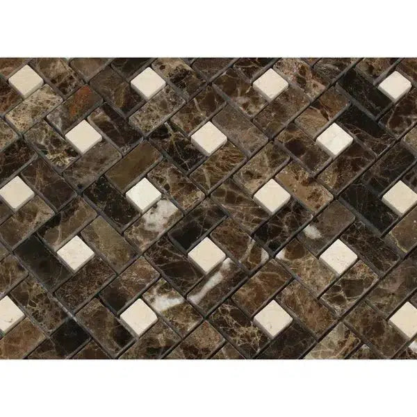 Emperador Dark Marble Pinwheel (Mini) w/ C. Marfil Dots Mosaic Polished