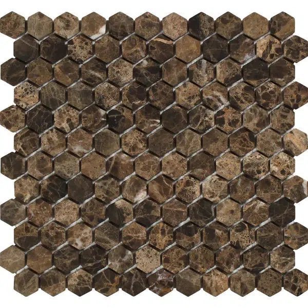 Emperador Dark Premium Marble 1X1 Hexagon Mosaic Tumbled - SurfacesGalore