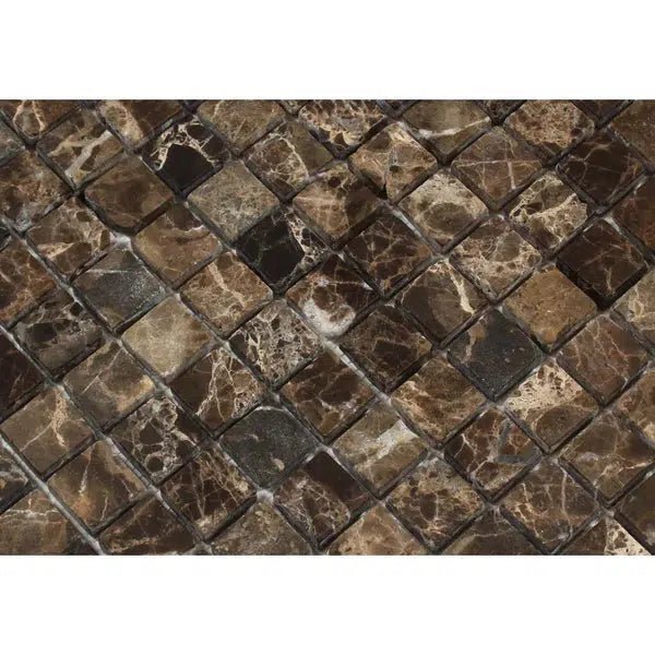 Emperador Dark Premium Marble 1X1 Mosaic Tumbled - SurfacesGalore