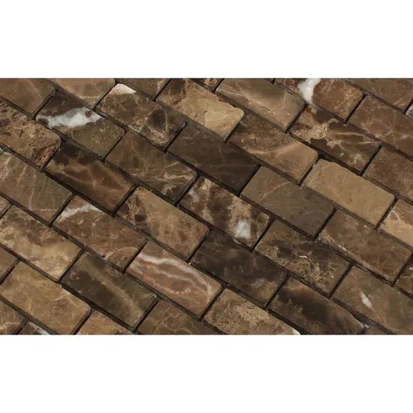 Emperador Dark Premium Marble 1X2 Brick Mosaic Tumbled - SurfacesGalore