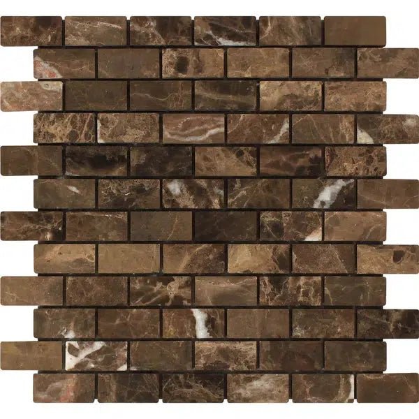 Emperador Dark Premium Marble 1X2 Brick Mosaic Tumbled - SurfacesGalore