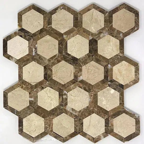 Emperador Dark Premium Marble 2X2 Vortex Hexagon (w/ Crema Marfil) Mosaic Polished - SurfacesGalore