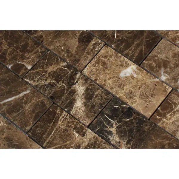 Emperador Dark Premium Marble 2X4 Brick Mosaic Polished - SurfacesGalore