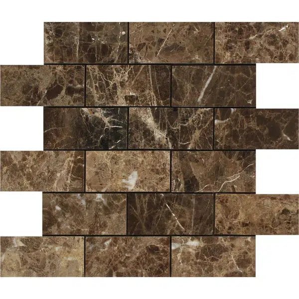 Emperador Dark Premium Marble 2X4 Brick Mosaic Polished - SurfacesGalore