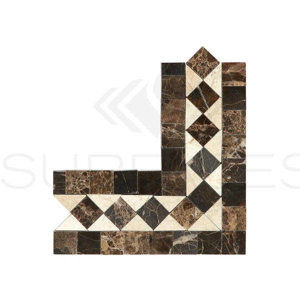 Emperador Dark Premium Marble Bias Border Corner w/ Crema Marfil Dots Polished - SurfacesGalore