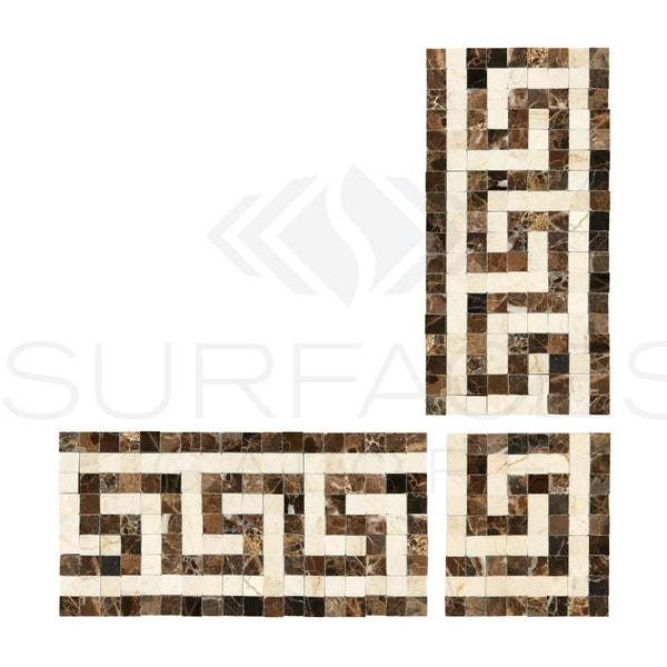 Emperador Dark Premium Marble Greek Key Corner Border (Emp. Dark+C. Marfil) Polished - SurfacesGalore