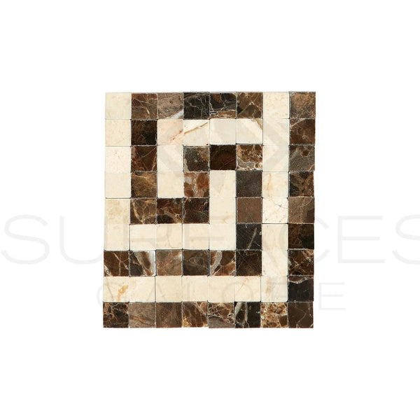 Emperador Dark Premium Marble Greek Key Corner Border (Emp. Dark+C. Marfil) Polished - SurfacesGalore