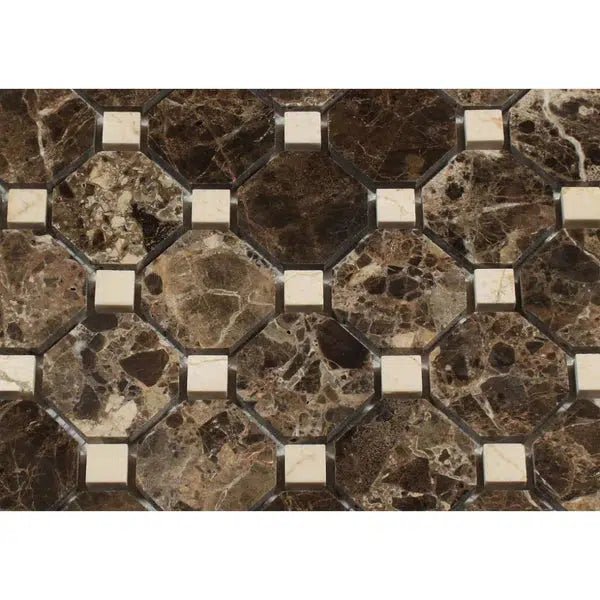 Emperador Dark Premium Marble Octagon Mosaic w/ C. Marfil Dots Mosaic Polished - SurfacesGalore