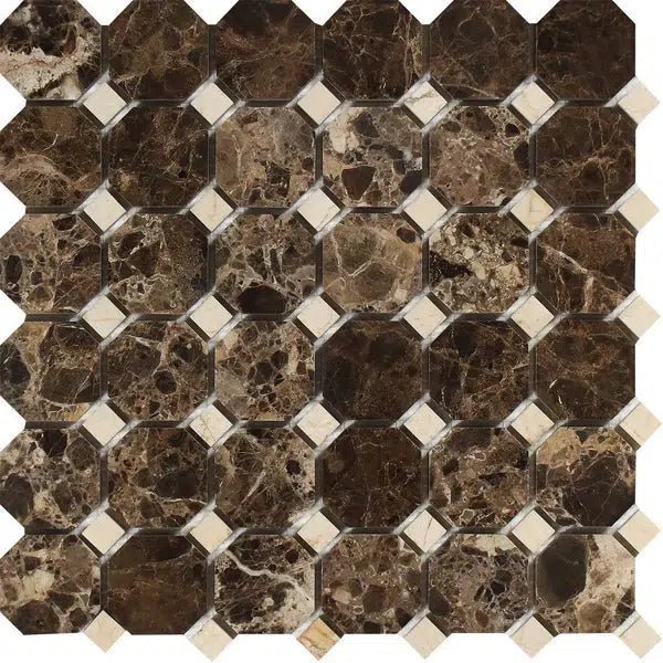 Emperador Dark Premium Marble Octagon Mosaic w/ C. Marfil Dots Mosaic Polished - SurfacesGalore