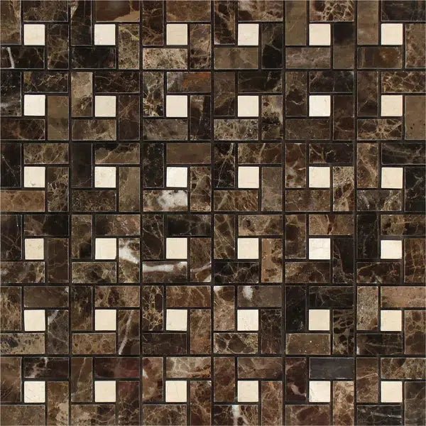 Emperador Dark Premium Marble Pinwheel (Mini) w/ C. Marfil Dots Mosaic Polished - SurfacesGalore