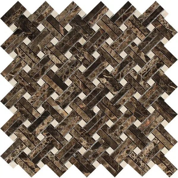 Emperador Dark Premium Marble Stanza w/ C. Marfil Dots Mosaic Polished - SurfacesGalore