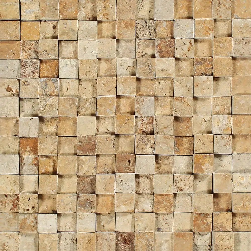 Gold/Yellow Travertine 1X1 (Hi - Low) Mosaic Split - Faced - SurfacesGalore