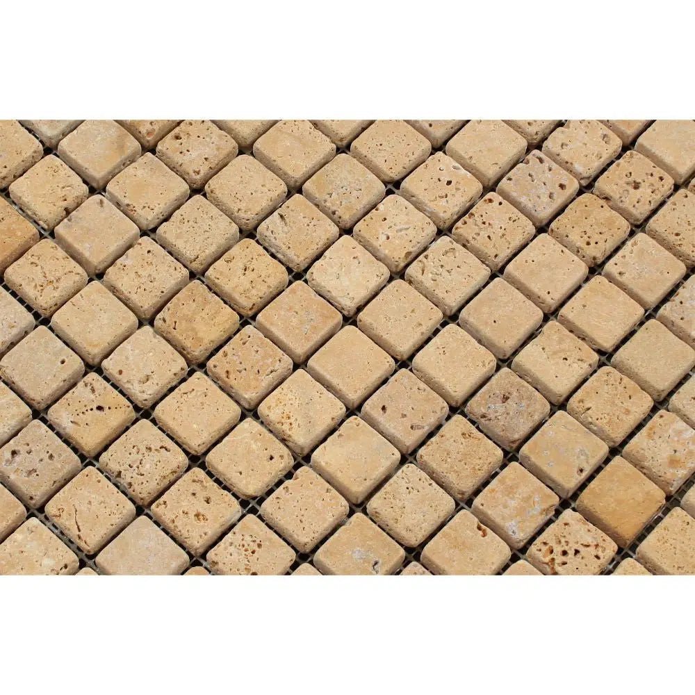 Gold/Yellow Travertine 1X1 Mosaic Tumbled - SurfacesGalore