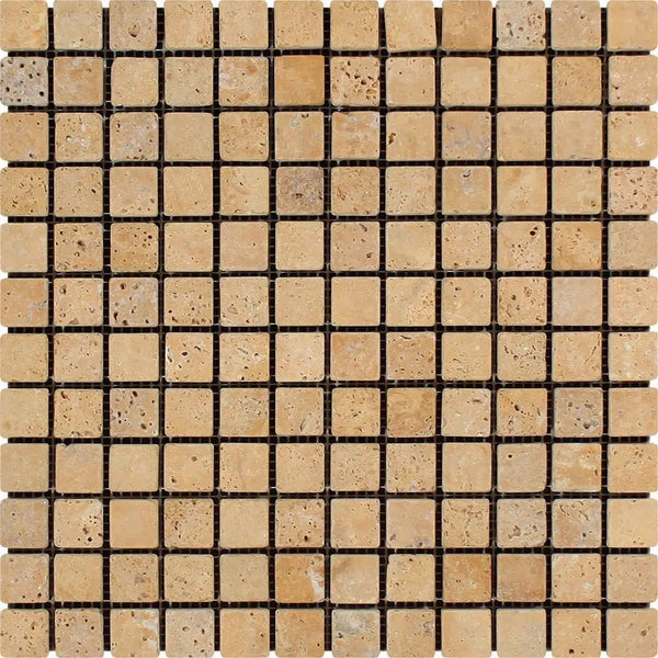 Gold/Yellow Travertine 1X1 Mosaic Tumbled - SurfacesGalore