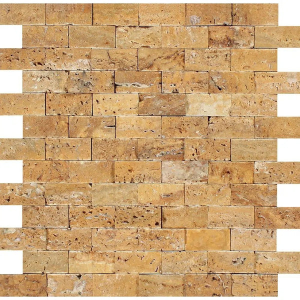 Gold/Yellow Travertine 1X2 Brick Mosaic Split - Faced - SurfacesGalore