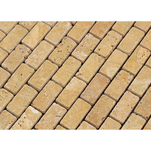 Gold/Yellow Travertine 1X2 Brick Mosaic Tumbled - SurfacesGalore