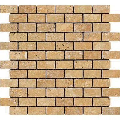 Gold/Yellow Travertine 1X2 Brick Mosaic Tumbled - SurfacesGalore