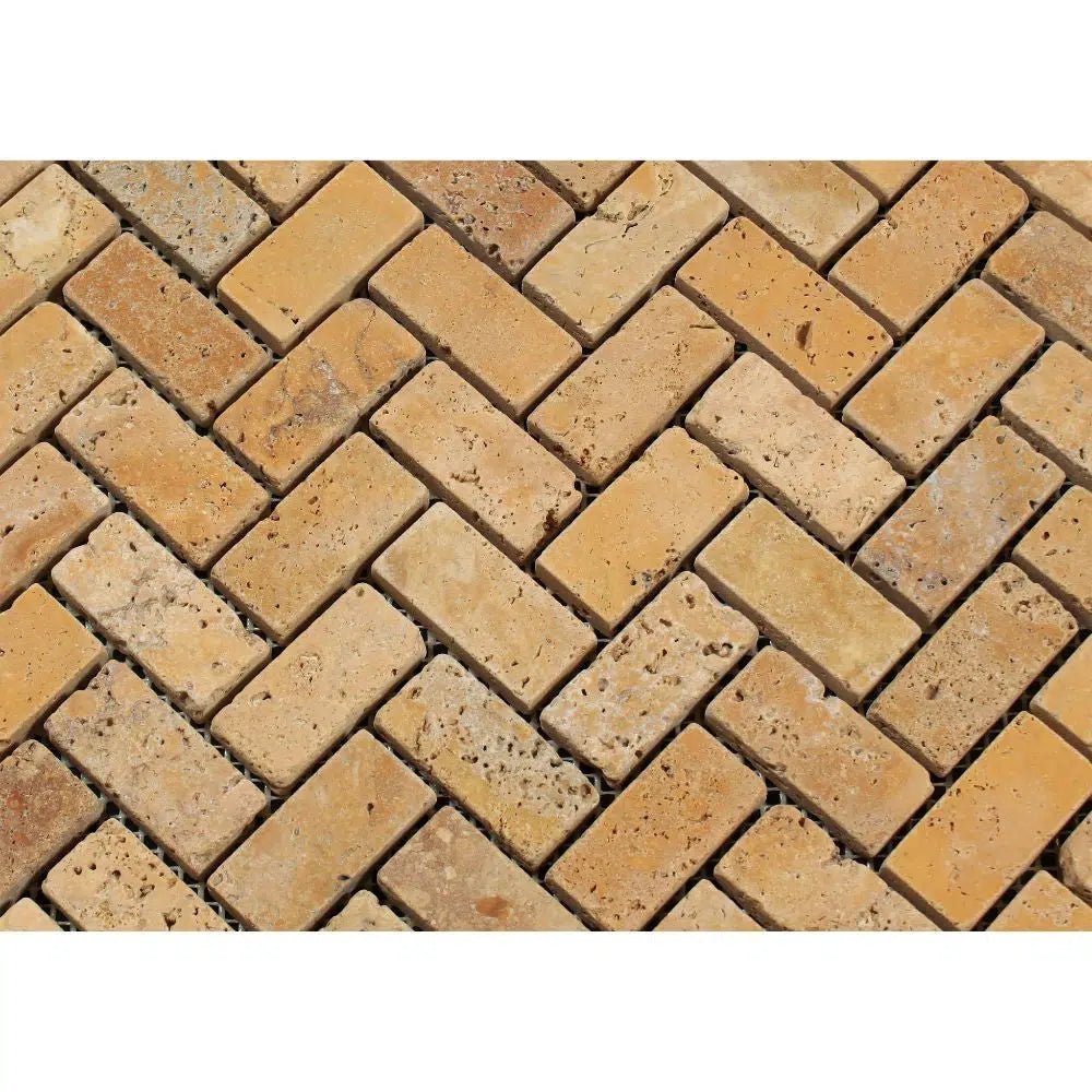 Gold/Yellow Travertine 1X2 Herringbone Mosaic Tumbled - SurfacesGalore