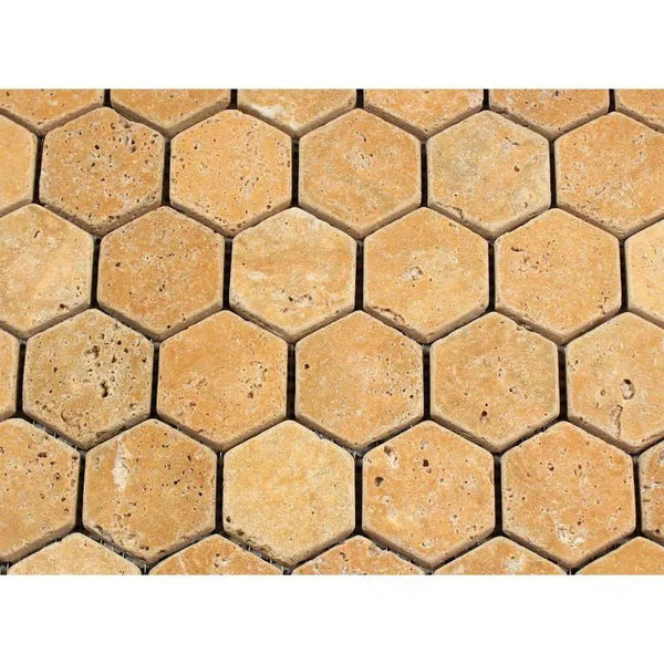 Gold/Yellow Travertine 2X2 Hexagon Mosaic Tumbled - SurfacesGalore