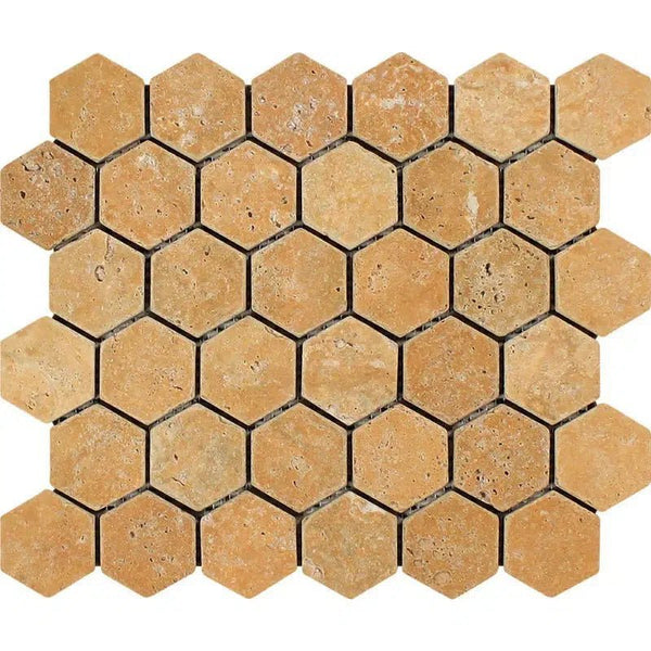 Gold/Yellow Travertine 2X2 Hexagon Mosaic Tumbled - SurfacesGalore