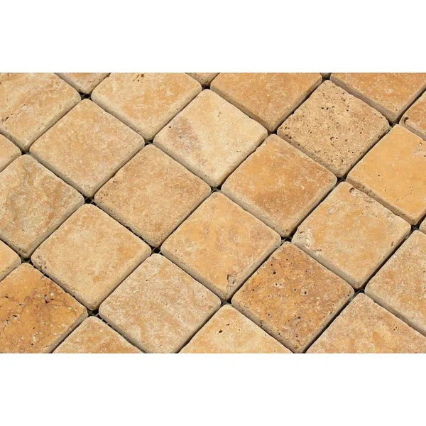 Gold/Yellow Travertine 2X2 Mosaic Tumbled - SurfacesGalore