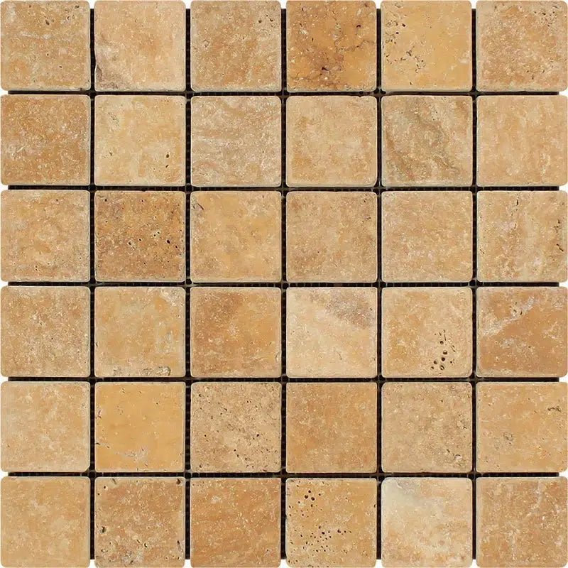 Gold/Yellow Travertine 2X2 Mosaic Tumbled - SurfacesGalore