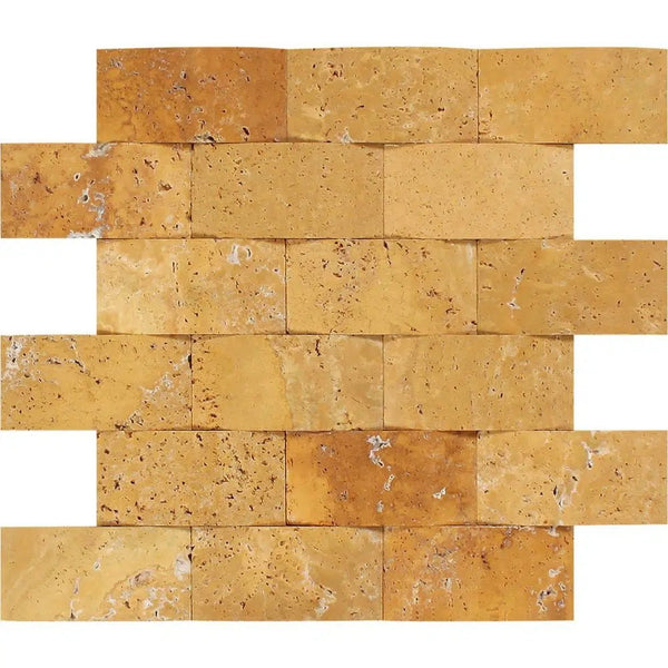 Gold/Yellow Travertine 2X4 Brick CNC - Arched (Round - Face / Wavy) Mosaic Honed - SurfacesGalore