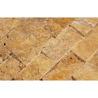 Gold/Yellow Travertine 2X4 Brick Mosaic Split - Faced - SurfacesGalore