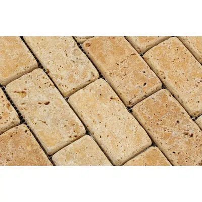 Gold/Yellow Travertine 2X4 Brick Mosaic Tumbled - SurfacesGalore