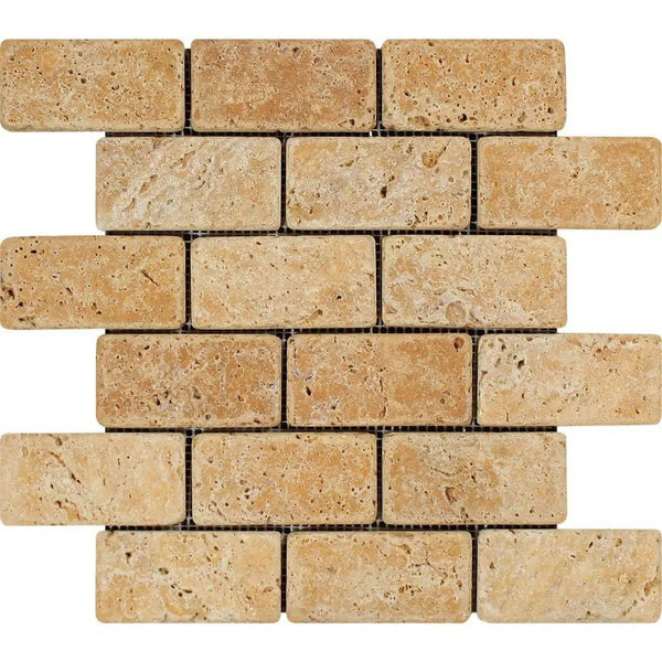 Gold/Yellow Travertine 2X4 Brick Mosaic Tumbled - SurfacesGalore