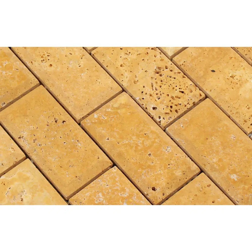 Gold/Yellow Travertine 2X4 Deep - Beveled Brick Mosaic Honed - SurfacesGalore