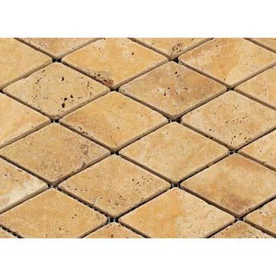 Gold/Yellow Travertine 2X4 Diamond/Rhomboid Mosaic Tumbled - SurfacesGalore