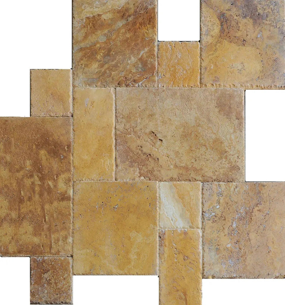 Gold/Yellow Travertine 4 pcs Versailles Pattern/French Pattern Set Unfilled/Brushed and Chiseled - SurfacesGalore