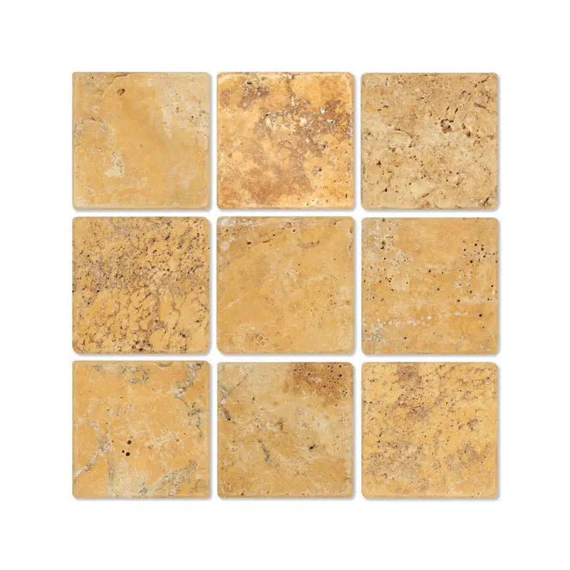 Gold/Yellow Travertine 4X4 Tile Tumbled - SurfacesGalore