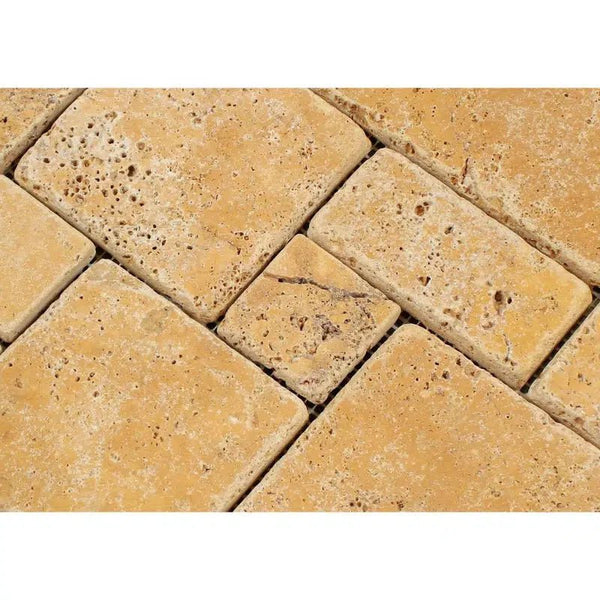 Gold/Yellow Travertine OPUS Mini - Pattern (4 pcs. Interlocking) Mosaic Tumbled - SurfacesGalore