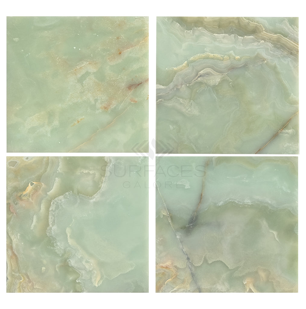 Four square tiles of SurfacesGalore's Green Onyx Premium Marble 12x12 Polished, featuring swirling patterns with accents of brown, yellow, and white, are among the finest premium tile options for a touch of luxury.