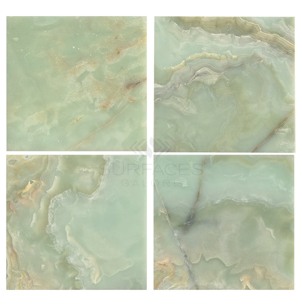 Four square tiles of SurfacesGalore's Green Onyx Premium Marble 12x12 Polished, featuring swirling patterns with accents of brown, yellow, and white, are among the finest premium tile options for a touch of luxury.