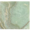 The Green Onyx Premium Marble 12X12 Polished from SurfacesGalore features a stunning marble surface with light green and beige swirls, showcasing natural elegant patterns and textures. Text on image reads "SurfacesGalore: Premium Tile Options.