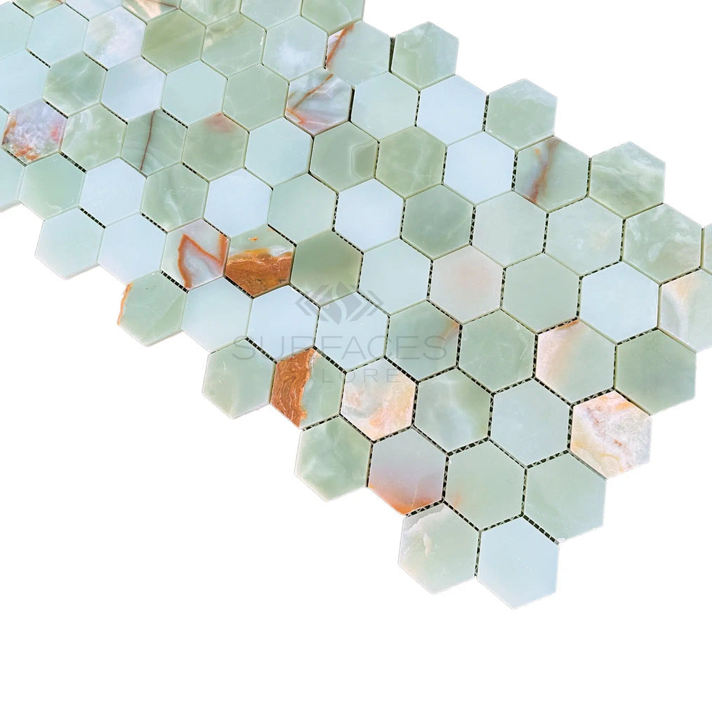 Green Onyx Premium Marble 2X2 Hexagon Mosaic Marble Tile Polished - SurfacesGalore