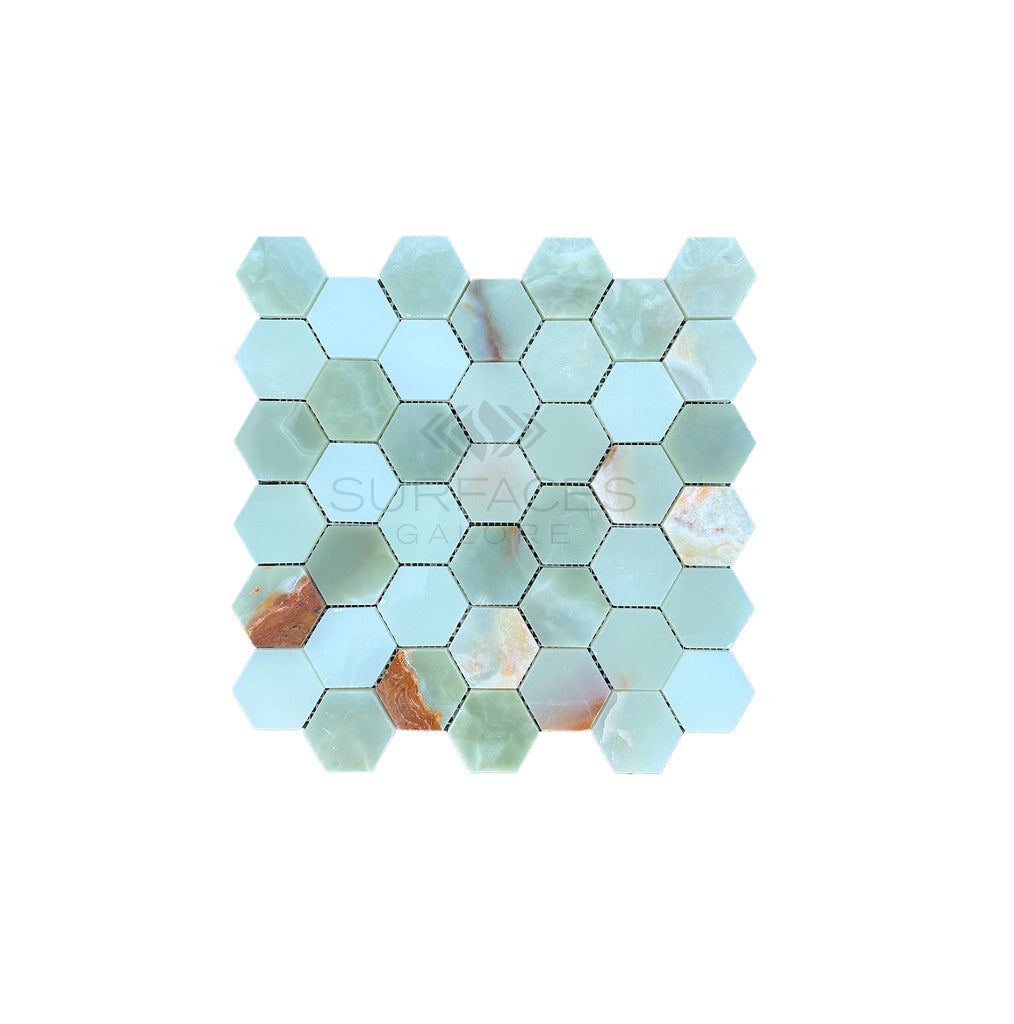 Green Onyx Premium Marble 2X2 Hexagon Mosaic Marble Tile Polished - SurfacesGalore