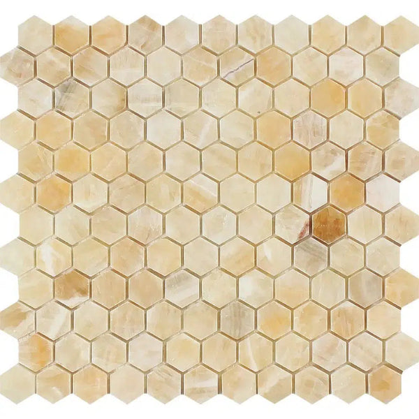 Honey Onyx (Giallo Crystal) 1" Hexagon Mosaic Marble Tile Polished