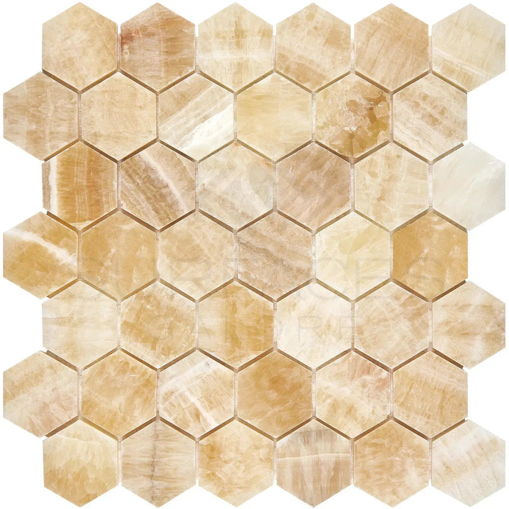 Honey Onyx (Giallo Crystal) 2" Hexagon Mosaic Marble Tile Polished