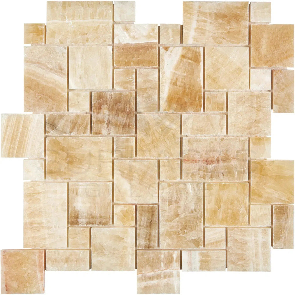 Honey Onyx (Giallo Crystal) Mini-Versailles Pattern Mosaic Marble Tile Polished